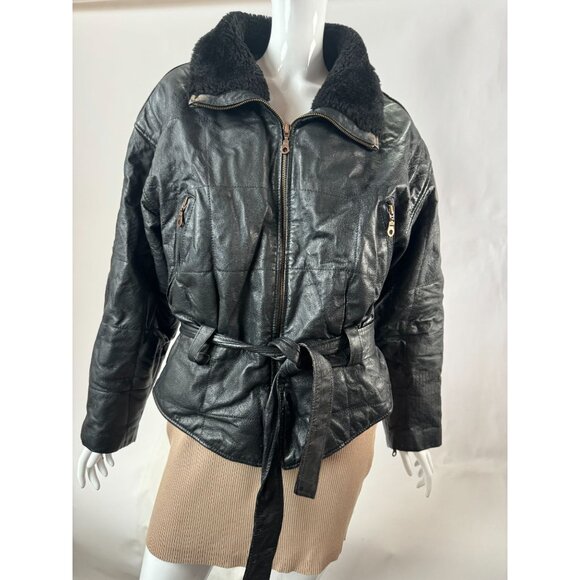 Genuine Leather Northern Style Womens Jacket With Belted Waist Zip Size L Black - Picture 1 of 16